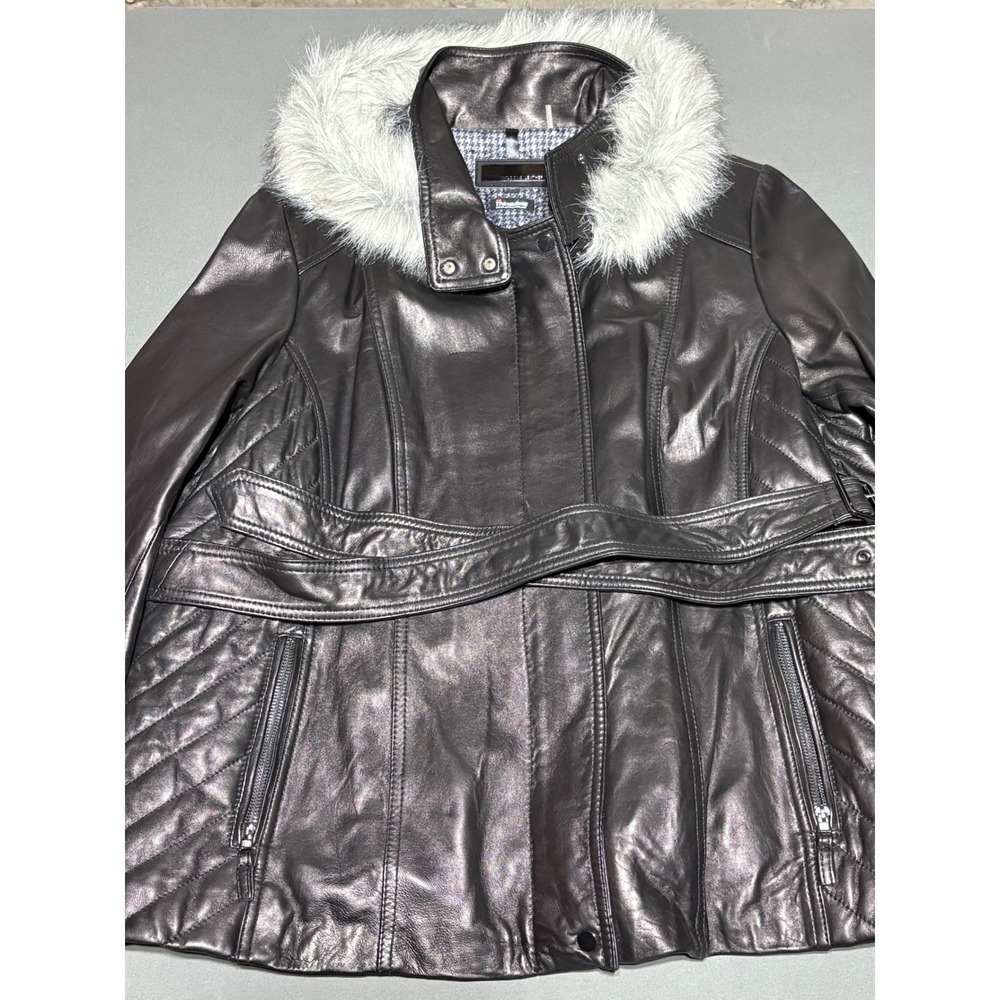 Wilsons Leather Black Insulated Hooded Jacket Faux Fur Trim Belted Plus Size 3X